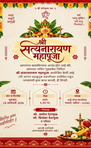 Satyanarayan Pooja Invitation Card Marathi with kalash, diyas and marigold decorations