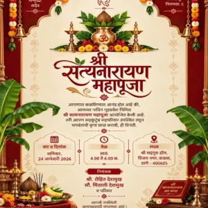 Satyanarayan Pooja Invitation Card Marathi with kalash, diyas and marigold garlands