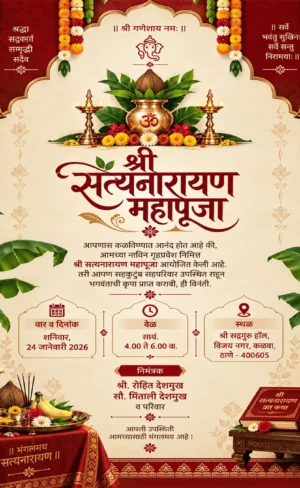 Satyanarayan Pooja Invitation Card Marathi with kalash, diyas and marigold garlands
