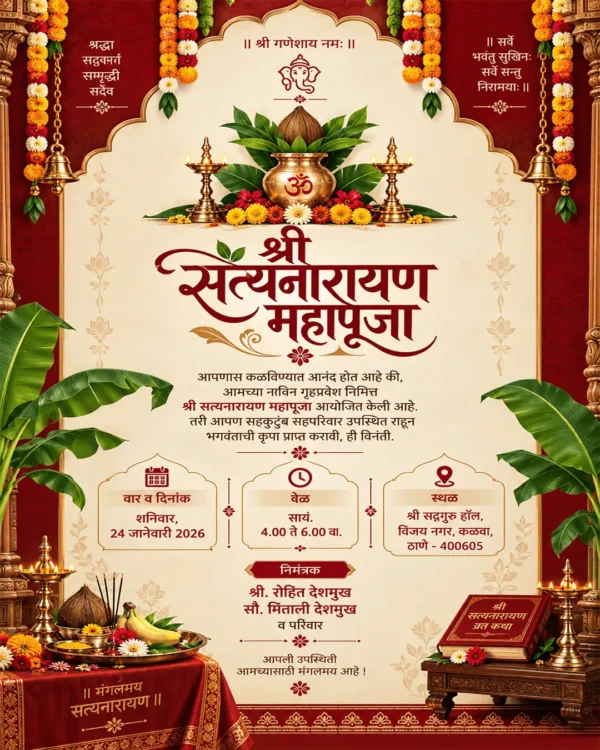 Satyanarayan Pooja Invitation Card Marathi with kalash, diyas and marigold garlands