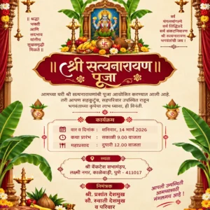 Satyanarayan Pooja Invitation Card Marathi with Lord Satyanarayan, kalash and traditional decorations