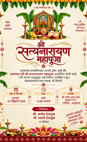 Satyanarayan Pooja Invitation Card Marathi with traditional pooja decorations