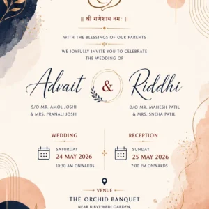Navy blue luxury wedding invitation card English with Ganesh, gold botanical accents and blush details