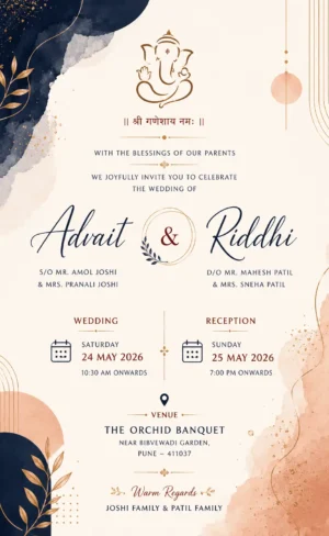 Navy blue luxury wedding invitation card English with Ganesh, gold botanical accents and blush details