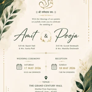 Elegant green and gold wedding invitation card English with Ganesh and botanical leaves