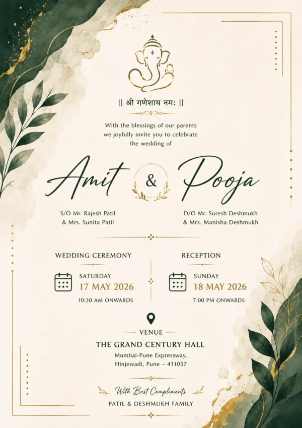 Elegant green and gold wedding invitation card English with Ganesh and botanical leaves
