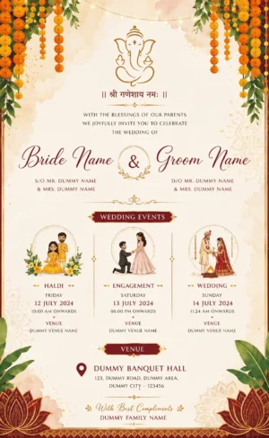Marigold wedding invitation card English with Ganesh, wedding events and traditional Indian decorations
