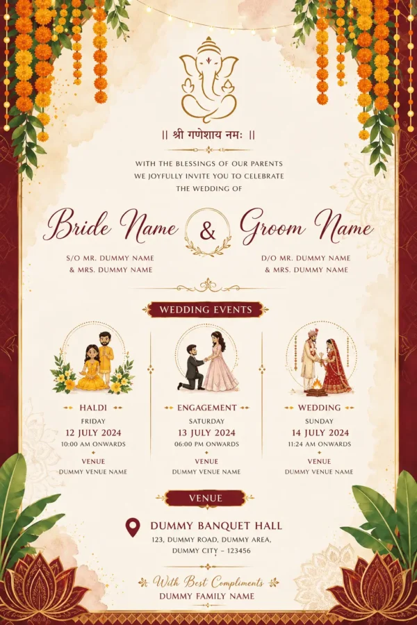 Marigold wedding invitation card English with Ganesh, wedding events and traditional Indian decorations