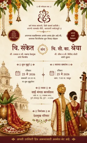 Traditional Marathi wedding invitation card with Ganesh, Maharashtrian bride groom and floral decorations