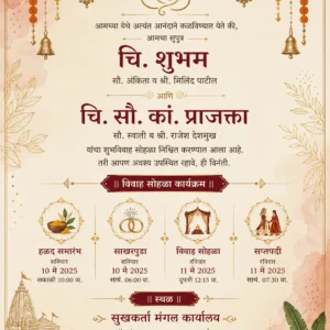 Traditional Marathi wedding invitation card with Ganesh, floral decorations and wedding ceremony details