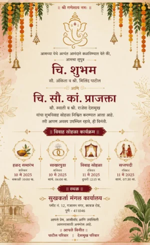Traditional Marathi wedding invitation card with Ganesh, floral decorations and wedding ceremony details