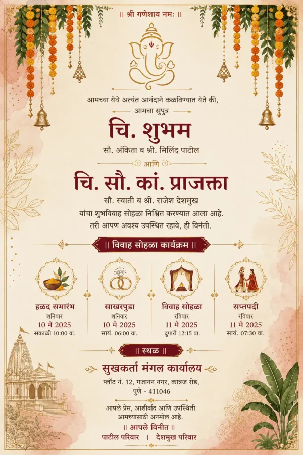 Traditional Marathi wedding invitation card with Ganesh, floral decorations and wedding ceremony details